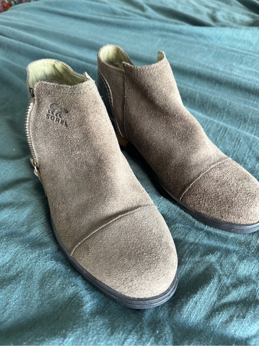Sorel Taupe Suede Zip Ankle Booties